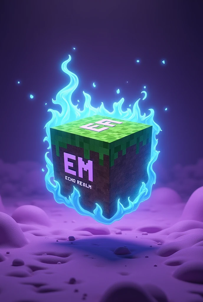 Make a Minecraft Grass block that in space the space must be purple and in the middle of the grass block write the word EM and under the words EM write Echo Realm And around the grassblock must have a little blue fire blowing
Write Echo Realm under EM