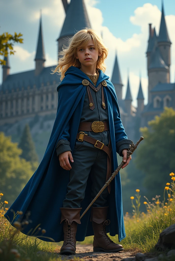 A boy wearing a black cloak, blonde hair, holding a 10 inch long wand in Hogwarts School.