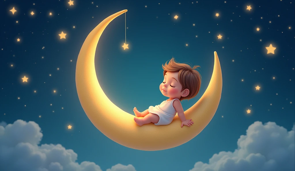 a child listens to a lullaby and sits tenderly on a crescent moon in a fairytale space, and there are many stars around, cartoon child sleeps with eyes closed