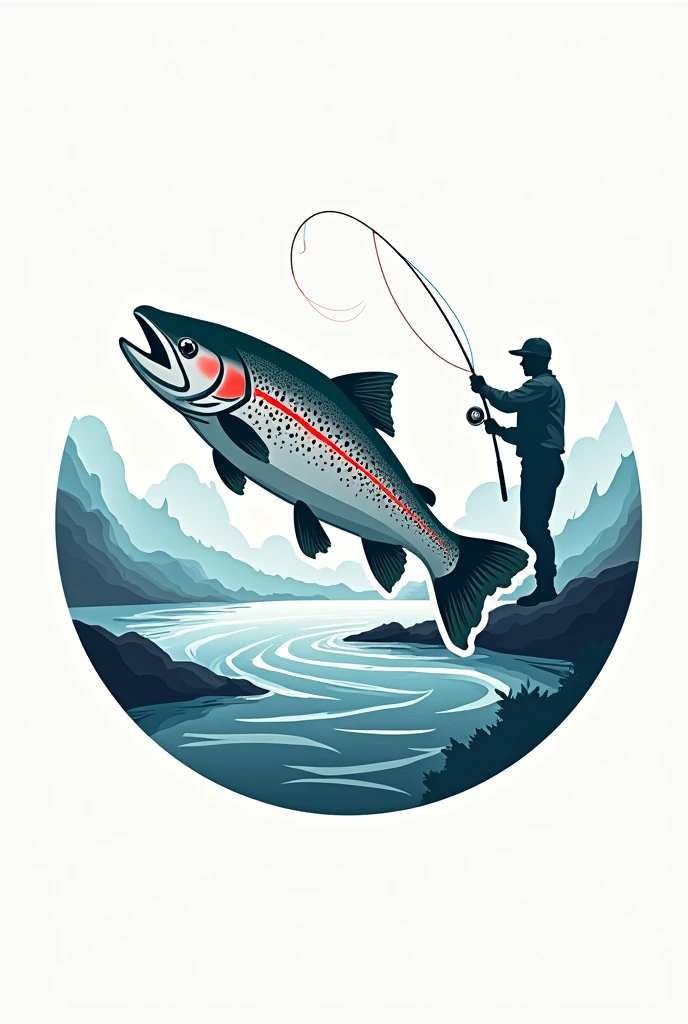Logo of a fishing club with the acronym SAFO, a trout jumping out of the water, a shallow river, futuristic style, fisherman casting a flyfishing lure