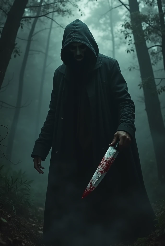 make an image in a dark forest with a man with a gostface mask and a mysterious hand holding a knife with the word killerzinho written in Portuguese on the knife with blood, make it darker