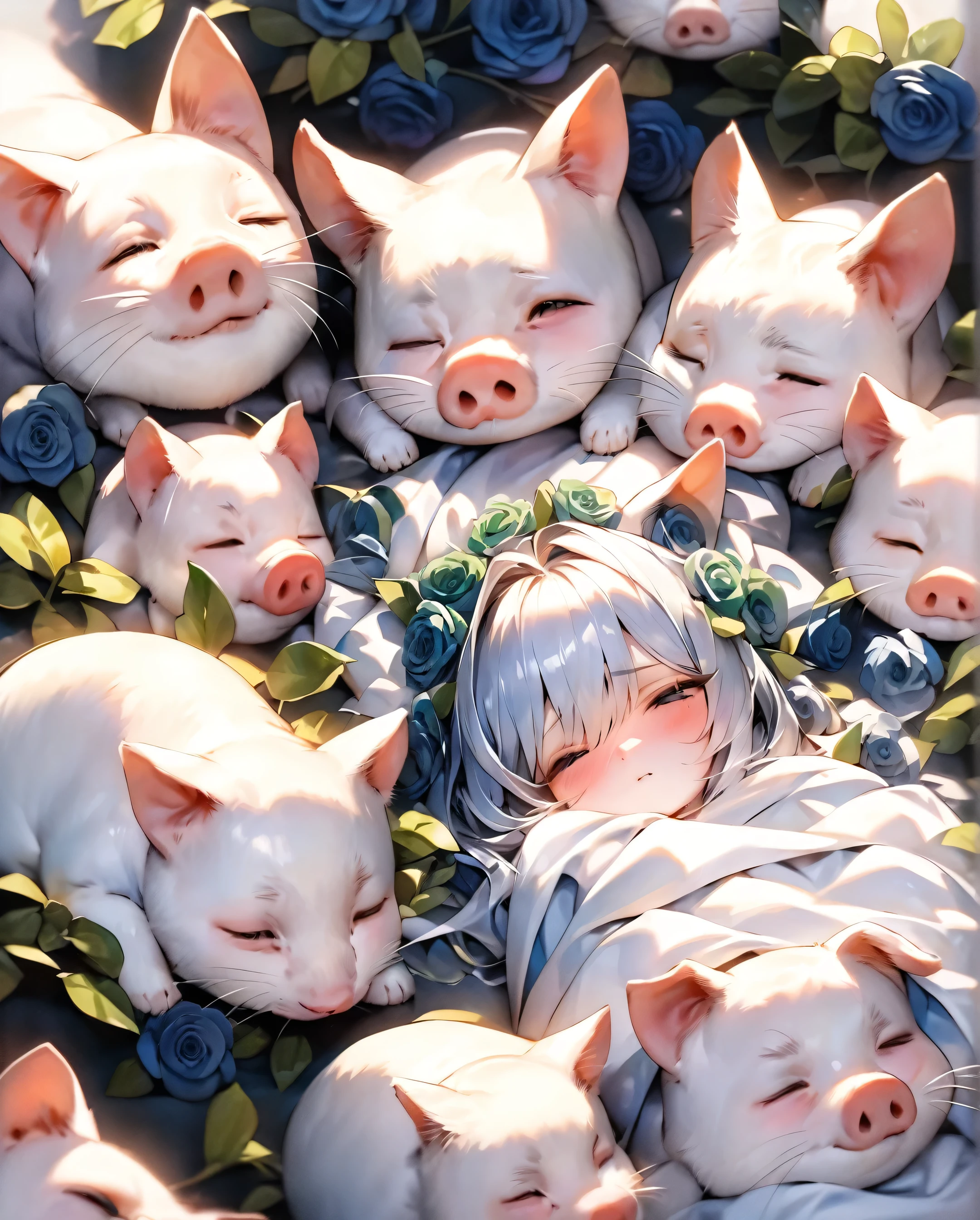 high quality, The best quality, full detailed a white cat lying down like a pig , that has green and navy blue roses around it and that covers its body