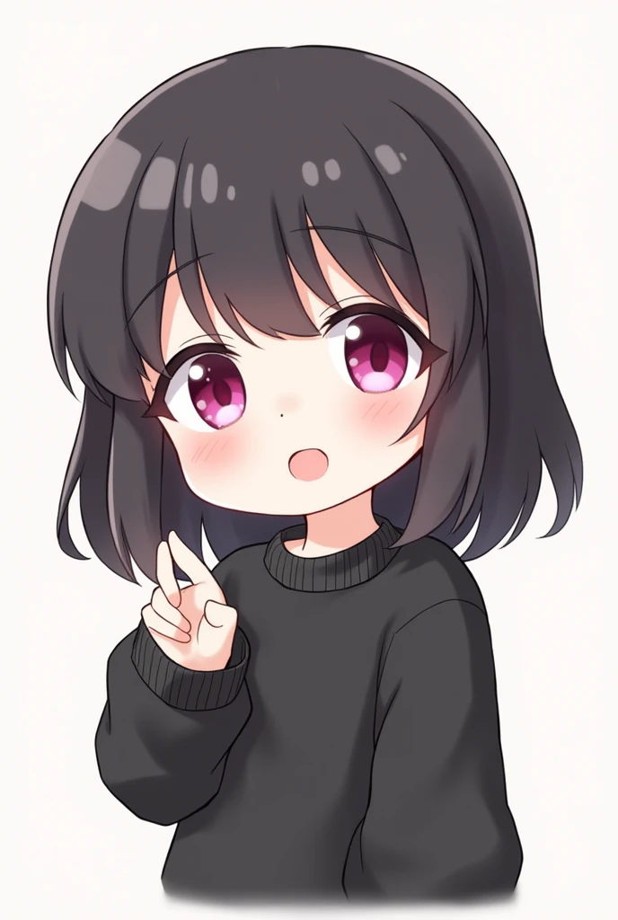 cute character with medium black hair and bangs, white skin and black sweatshirt and pink eyes, chibi style, talking

