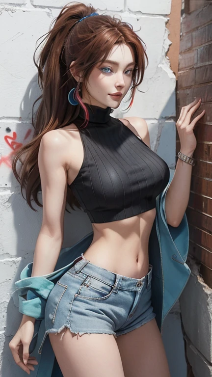 (Masterpiece, best quality, 1 girl, alone, complicated details, Chromatic aberration), realistic, ((Moderate breath)),long hair, red brown hair, hair between eyes,blue eyes, earring, sharp eyes, choker, Neon coat, beat headphone around neck, bangle, and kimono style garters., crop top, (symmetrical eyes),(Perfect symmetrical body),against the wall, Brick wall, (colorful graffiti words on the wall:1.2), The light is dim., alley ,Look at the viewer.、Dig the chest、smile、(sleeveless、Navel touch、Fitted turtleneck.)、street string hot pants、Thin bottom、Please build above the eaves..、Thin shoulders、in underwear、large breasts,miku nakano