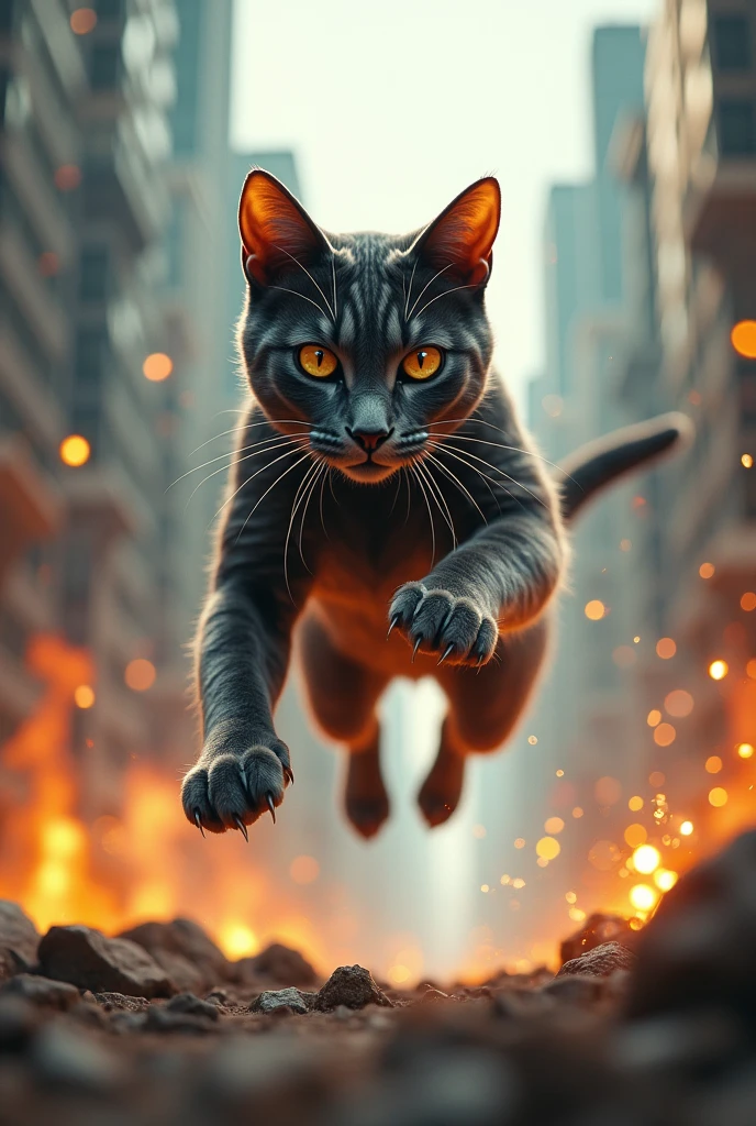 Leaping into Action:
Scene: The cat hero is captured mid-leap, soaring through the air with claws extended and muscles tensed, ready to strike. The background is a cityscape in the midst of chaos, with towering buildings and a few on fire. The cat’s expression is fierce and focused, with its eyes locked on a distant target. The image should emphasize motion and energy, showing the cat as a dynamic, unstoppable force.
