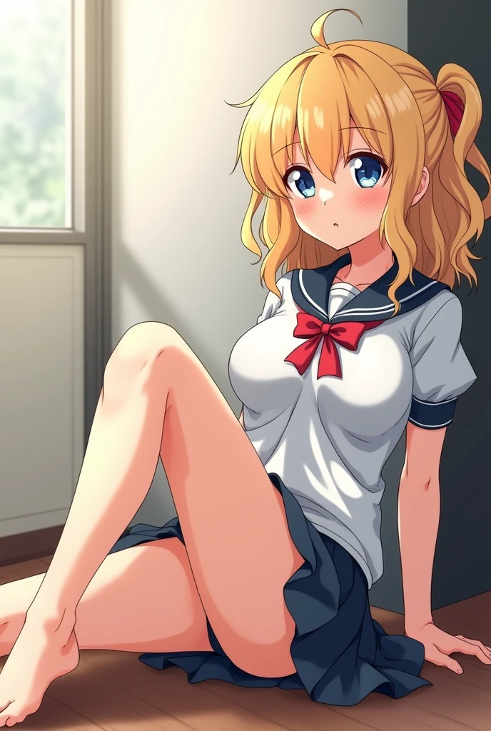 A blonde girl  anime with curly hair and big breasts that is way to big for her frame, sits with her legs stretched out, taking a realistic photo. You can see the outline of her pussy in her panties. She has on a mid length school girl skirt and a school uniform.