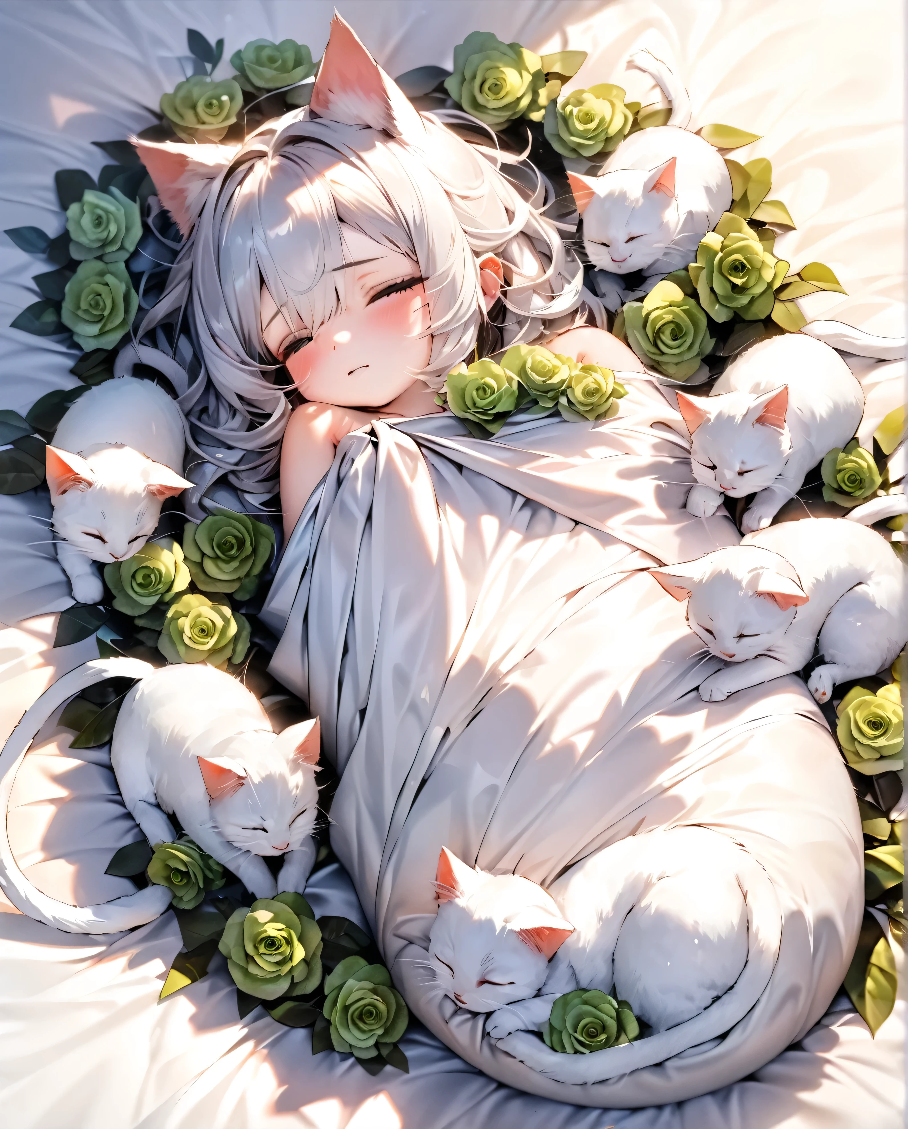 high quality, The best quality, full detailed a white cat lying down like a pig , that has green and navy blue roses around it and that covers its body