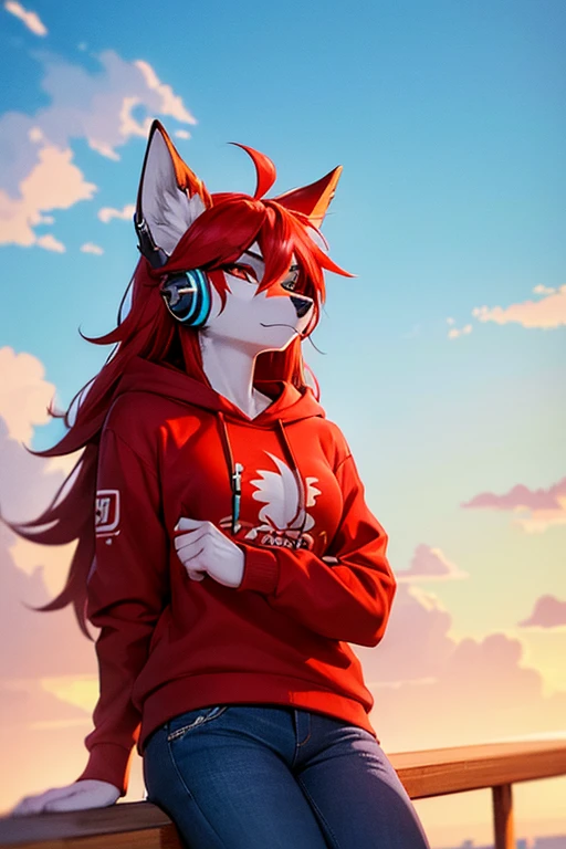 (work of art, Maximum quality, best qualityer, offcial art, beautiful and aesthetic:1.2) Uma Furry Dragão Gamer, Using a White Headset, long red hair, Red Skin, gold eyes, wearing a black sweatshirt, Red T-Shirt and Dark Blue Jeans.