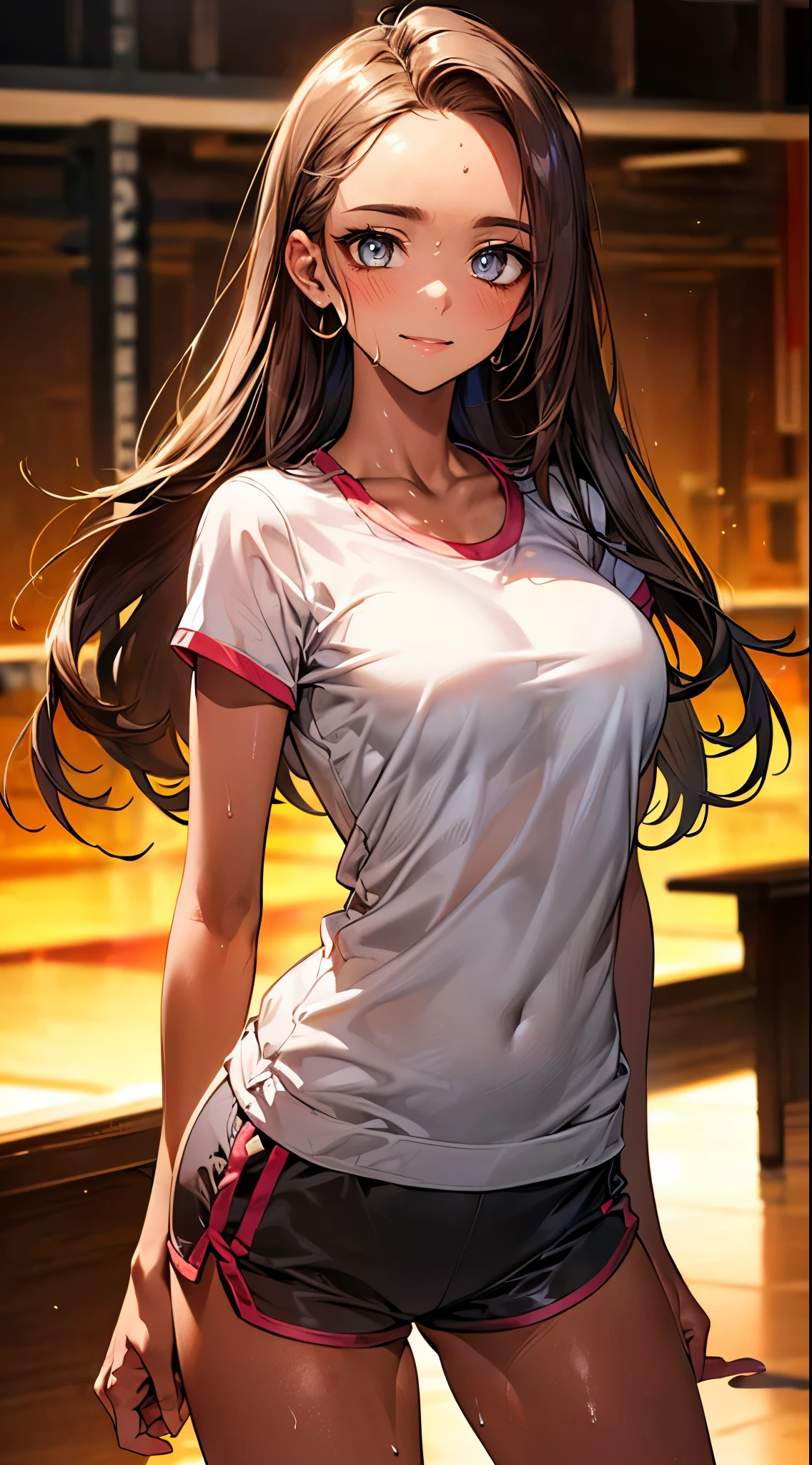 ((perfect anatomy:1.2,real,:1.3,RAW photo:1.3,masterpiece,top quality,super quality,high resolution,high definition CG,8K)),cowboy shot,1 female,solo,20 year old beauty, ((beautiful detailed face and eyes,big gorgeous eyes)), brown eyes,smiling,(brown hair,long hair,.forehead, center parting: 1.2, straight hair)),(medium build, large breasts, slender body, tanned skin, glowing skin, oily skin, shiny skin, sweat: 1.4),(light gray t-shirt, light gray sweat shorts,), dancing, dancing practice, turning body to viewer, gym hall, large breasts,
