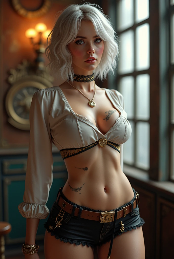 (Zendaya:Evangeline Lilly) ,sitting on some stairs, ripped jeans, tank top, ((pulls up her shirt)) , slightly muscular, Beautiful anime waifu style girl, hyperdetailed painting, luminism, art by Carne Griffiths and Wadim Kashin concept art,  post-apocalyptic background, abstract beauty, approaching perfection, pure form, golden ratio, minimalistic, dark atmosphere, unfinished, concept art, intricate details, 8k post production, high resolution, hyperdetailed, trending on artstation, sharp focus, studio photo, intricate details, highly detailed, by Jon Bauer