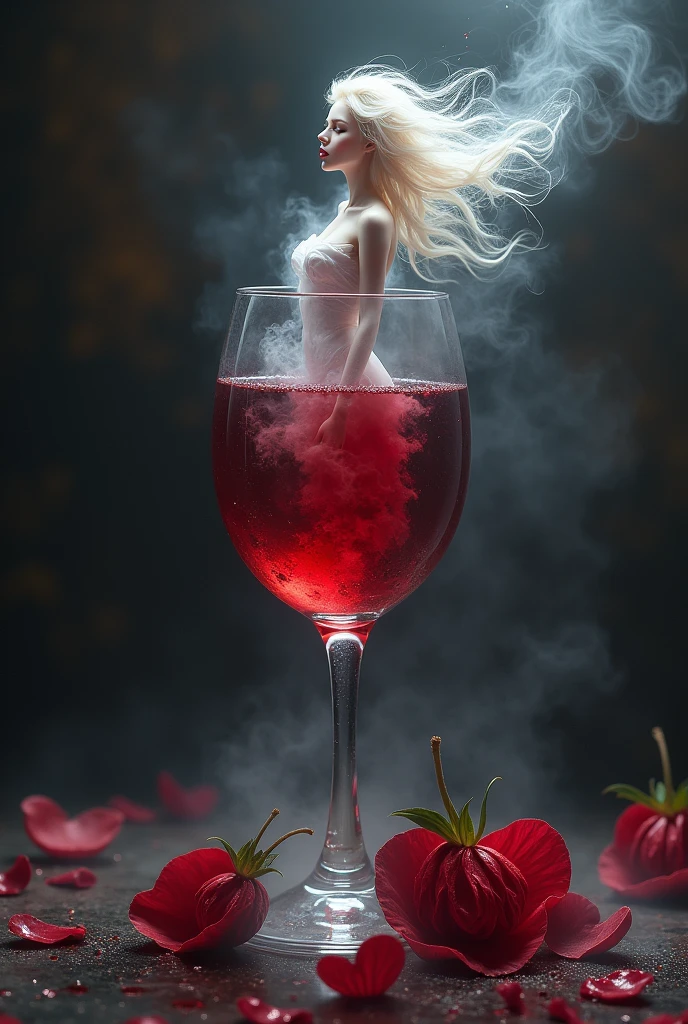 real, dark fantasy, Realistic image of a glass of clear red wine, with steam rising into a charming, delicate figure of a beautiful fragrant woman chained but the chain is broken, made of steam. This scene is set on a bar counter with love logos scattered around, and a splash of milk in the background