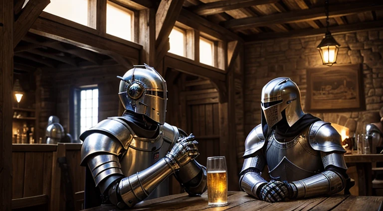  Meeting between a medieval knight and an advanced humanoid robot in a rustic tavern in the countryside.