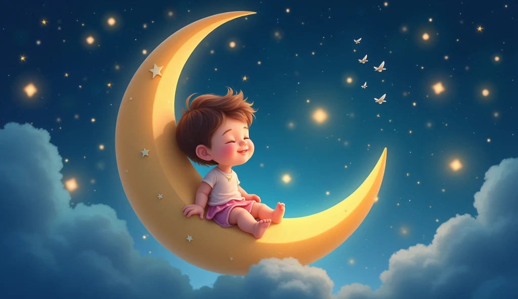 a child listens to a lullaby and sits tenderly on a crescent moon in a fairytale space, and there are many stars around, cartoon child sleeps with eyes closed