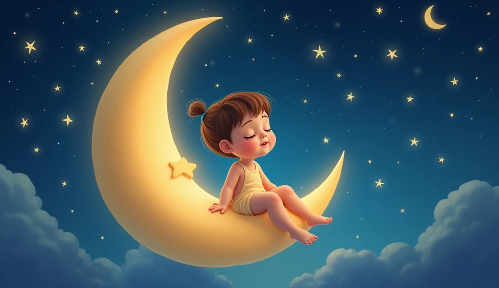 a child listens to a lullaby and sits tenderly on a crescent moon in a fairytale space, and there are many stars around, cartoon child sleeps with eyes closed