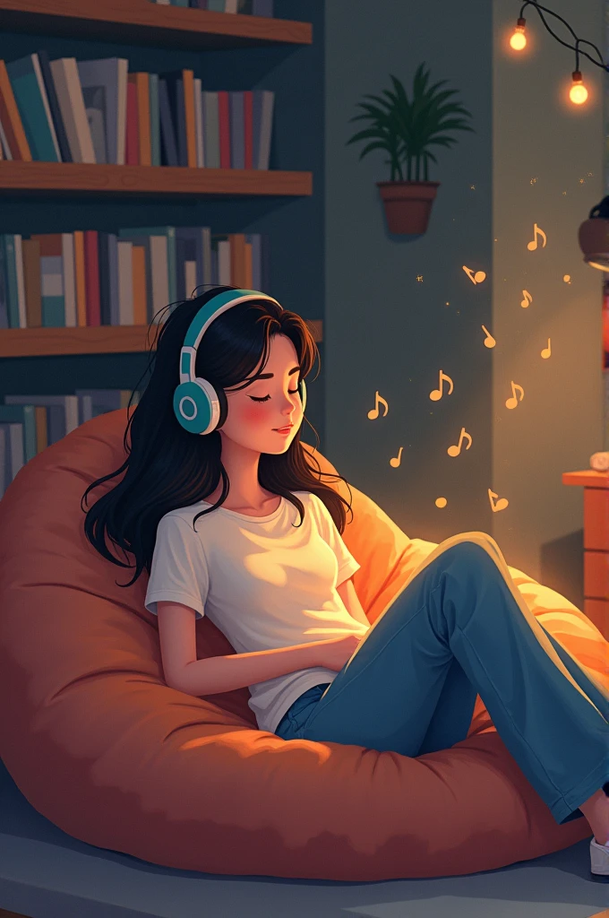 The girl is depicted lying on a cozy bean bag or floor cushion, with a pair of large headphones on. Soft, animated music notes float around her, and there are shelves in the background with lo-fi music albums. The room is softly illuminated by fairy lights or a bedside lamp.