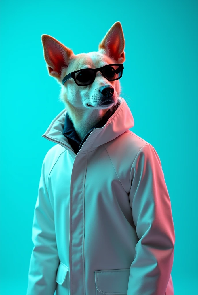 The best cell phone wallpaper, Award-Winning Wallpaper, portrait photography, In the front view is a portrait of a cute dog wearing mid-1960s space age fashion, Side view photo, Shot with Canon EOS R5, Set a strong contrast that accentuates the subject, Fluorescent blue tone, Wearing a very modern coat and sunglasses is a modern 1960s style, Clothes all in one color, beautiful background