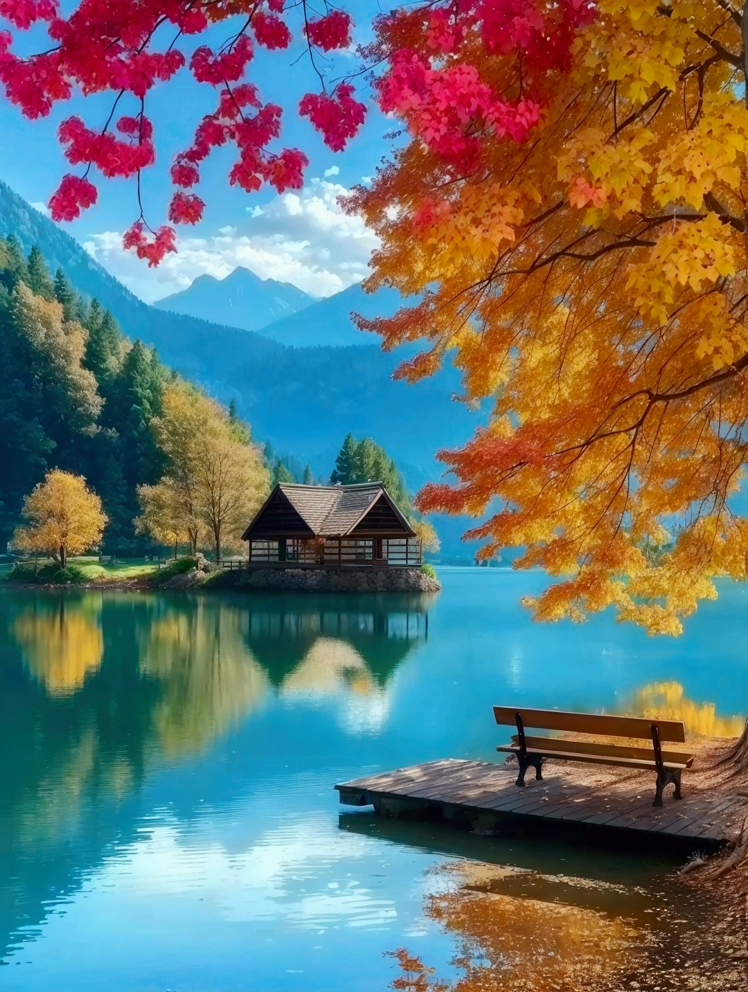 There is a bench by the lake, stunning nature in background, pretty lake background, pretty lake, natural scenery, nature's beauty, beautiful place, Nature Wallpapers, really Beautiful nature, Landscape Wallpaper, 、Colorful environment, The beauty of natural landscape, Very beautiful scenery, very very Very beautiful scenery, Peaceful and tranquil, Beautiful nature, Autumn Tranquility