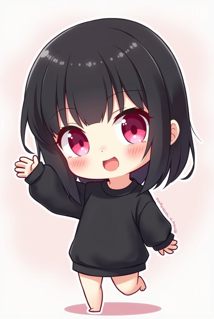 cute character with medium black hair and bangs, white skin and black sweatshirt and pink eyes, chibi style, arguing
