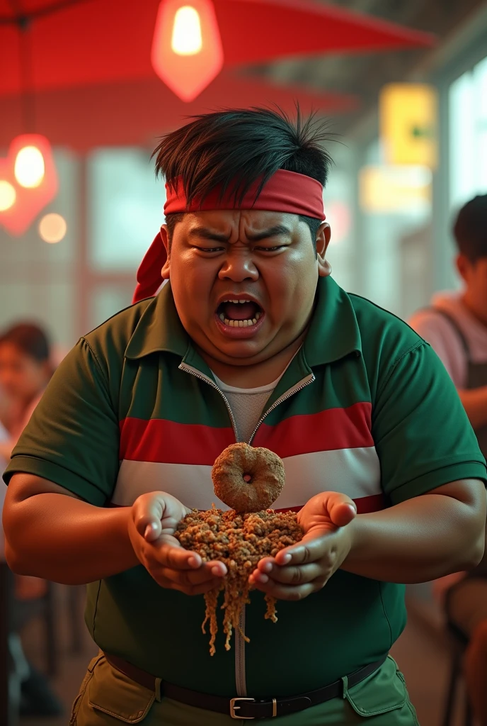 Malaysia dark skin man. a young real teenage age . 19 Malaysia Indonesia. eyes detail. Anger face. Open mouth. . wearing handband( red white white ) zip-up shirt, (green red stripe. )oval body shape big belly fat, chubby fac . Dramatic.green sweater, detailed face, cinematic lighting, dramatic atmospheric. Hot day. At restaurants. vibrant colors, 8k, high quality, photorealistic. Hero suit.lot of Food come from his hand. Green cargo pant. Lot of the chocolate cookies shape love in mouth. Sad face. 
