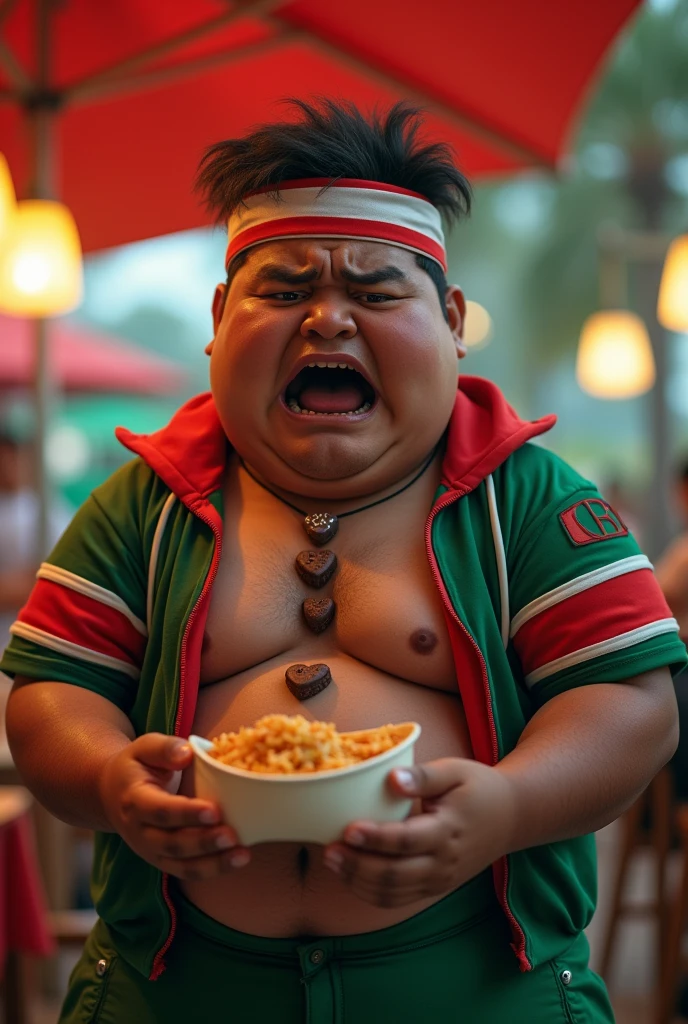 Malaysia dark skin man. a young real age age . 19 Malaysia Indonesia. eyes detail. Anger face. Open mouth. . wearing handband( red white white ) zip-up shirt, (green red stripe. )oval body shape big belly fat, chubby fac . Dramatic.green sweater, detailed face, cinematic lighting, dramatic atmospheric. Hot day. At restaurants. vibrant colors, 8k, high quality, photorealistic. Hero suit.lot of Food come from his hand. Green cargo pant. Lot of the chocolate cookies shape love in mouth. Sad face. 