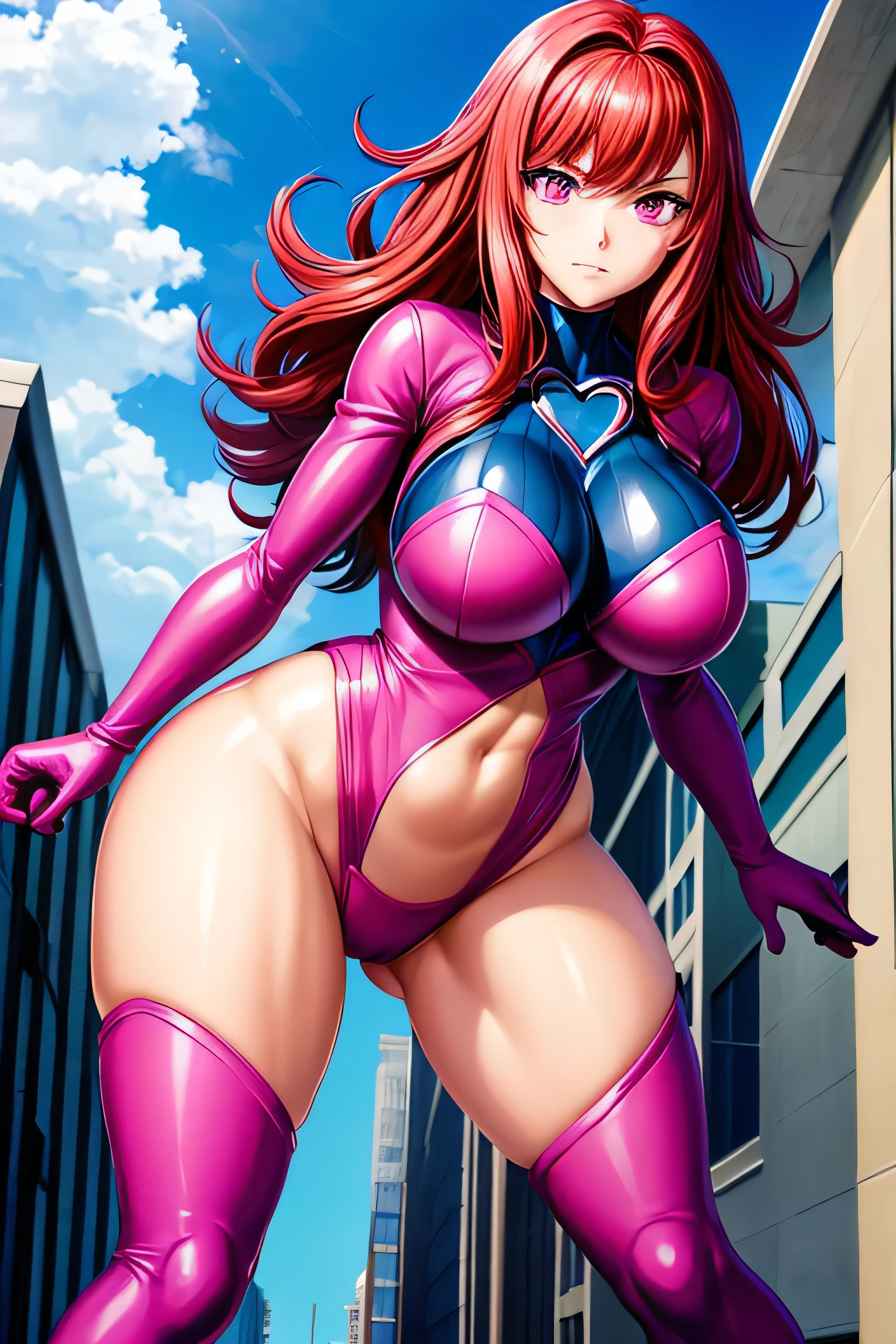 NFSW, {{{Giganteess}}}, superheroine in front of a school (with a confused and frightened expression), {{{{with a pink outfit, with a heart in his chest}}}}, Red hair, pink eyes, Waist slender, wide hip, Bullish,