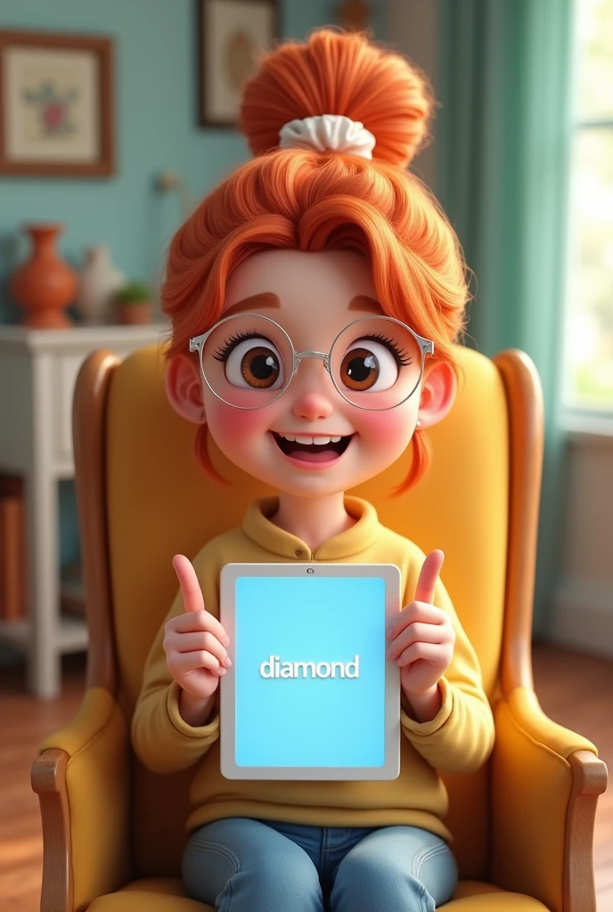 A young Thai Asian woman with blonde hair, reddish brown tied high and tied with a white ribbon. She looks beautiful and sweet, with puffy cheeks and dimples, wearing clear round glasses, 3D Cartoon image sitting on a rocking chair. Located in the lounge area of the house. Hold the iPad in your hand, Raise 2 fingers, laugh, smile brightly. Wearing casual clothes at home. Neat clothes and hair Beautiful and realistic pictures, fantasy style,displays "diamond" on his ipad. whole body, HD, 64k