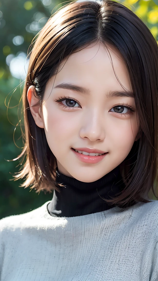 Realistic, masterpiece, highest quality, highest resolution, A portrait depicting only the upper body of a Japanese woman, A happy smile, slightly turned to the side, definitely looking at the audience, beautiful detailed eyes, black eyes, (hidden creased eyelids:1.2), thin eyebrows, Carefully draw eyelashes, natural makeup, middle hair, silver hair, detailed face, Black thick turtleneck sweater