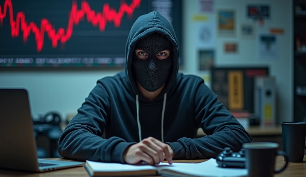 A photo of a man wearing a mask , sitting at a table. The table has a laptop, a book, and a cup. The background contains a stock market screen, anime posters, and gaming controllers. Eye contact with viewer 