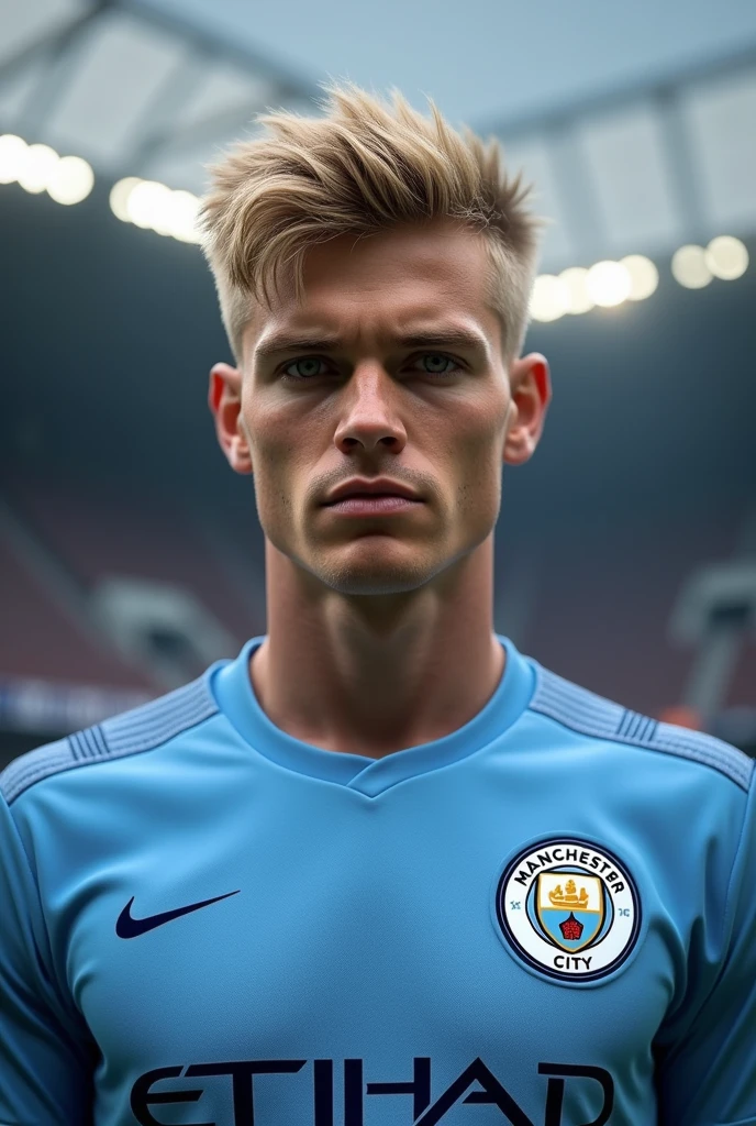 Erling haaland  with short blonde hair in mancity jersey 
It's to serious. .with no Beard .young like 22 years of age.only showing face and Jersey.nose are little big and engage him in football game. Put background of football stadium . little big older

