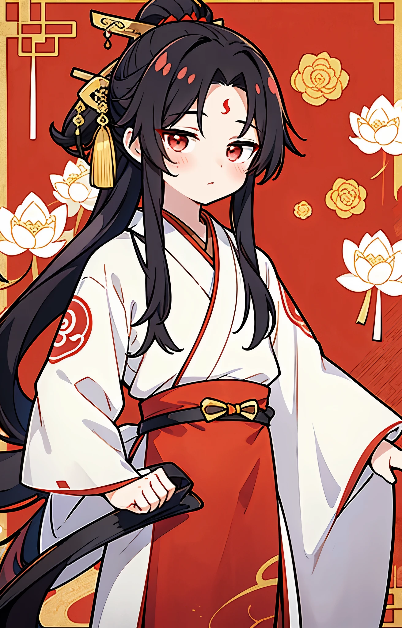 (White kimono) Lavish decoration, (One Boy), (Black Hair), There is a red flame pattern in the center of the forehead,（Red eyes), It has elements of Chinese Taoism and Buddhism.,（Flame Background), Lotus Element, lotus leaf element, ponytail, whole body