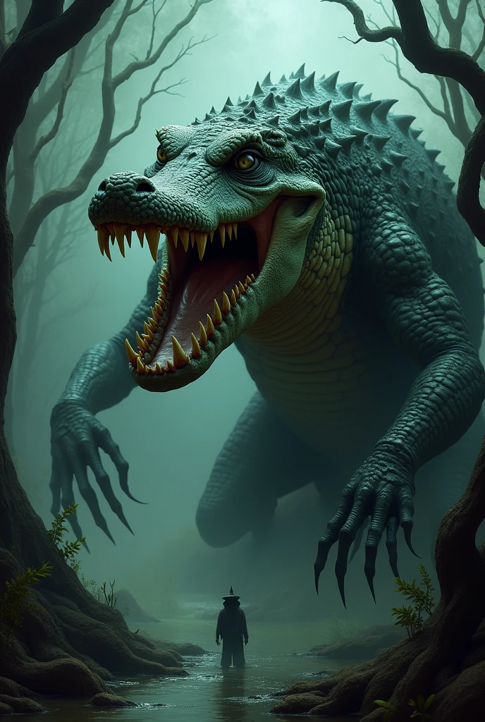 Very ugly witch with the body and head of an alligator, sharp teeth and claws