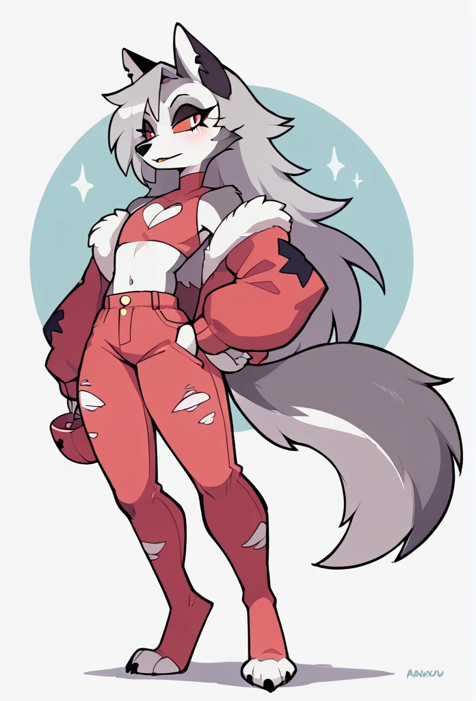An original character, anthropomorphic, wolf, feminine, tall character, wearing an outfit with a cool style, using some accessories, on a simple background, cartoon art style "Helluva Boss"