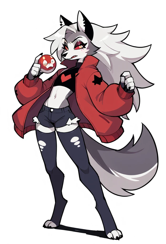 An original character, anthropomorphic, wolf, feminine, tall character, wearing an outfit with a cool style, using some accessories, on a simple background, cartoon art style "Helluva Boss"