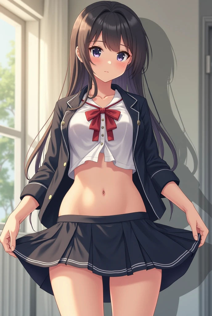 A high school girl wore a short skirt for a while then she took off her panties while still wearing the skirt and she started lifting her skirt up and she took her skirt off