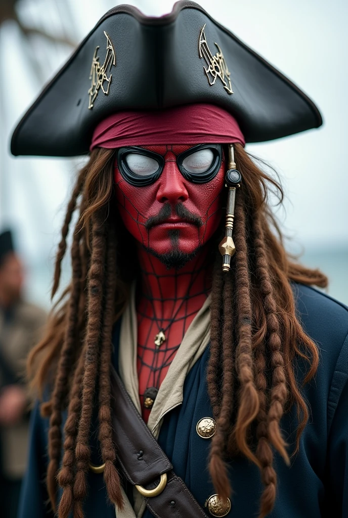Spider-Man se déguise en Jack Sparrow mais garde son masque Spider-Man emblématique. Le masque recouvre son visage, avec des motifs d'araignée et ses yeux visibles à travers le chapeau de pirate. Il porte un manteau de pirate par-dessus son costume de Spider-Man, debout sur un navire de pirates.