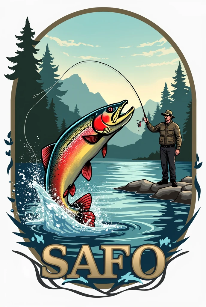 Logo of a fishing club with the acronym SAFO, a rainbow trout jumping out of the water, a shallow river, fisherman casting a flyfishing lure