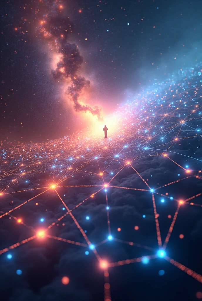 Cosmic wisdom、performer々Communication network、Countless lines of light connecting countless stars、Lines of light shining in seven colors、Photorealistic universe、Very detailed CG 統合 8k 壁紙、Very detailed、Acceleration、Floating Feeling、Floating in space、no gravity、Shaping the concept of networking、A network connected to the future、High Contrast、Mach