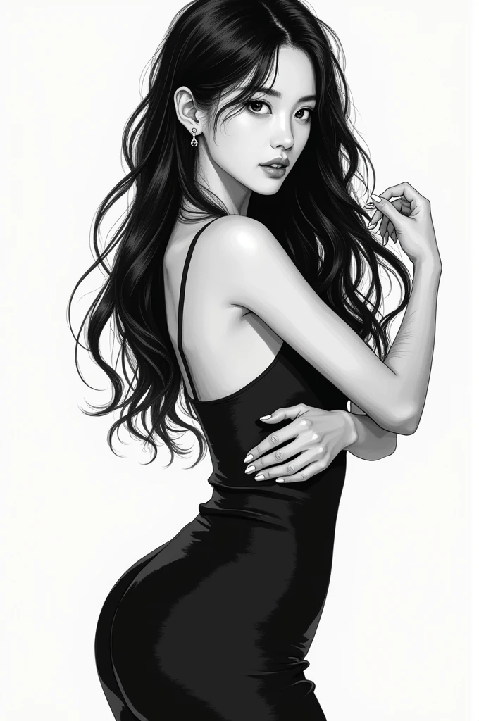 Korean girl with long dark hair, Her body is pear-shaped, The image is black and white manga style