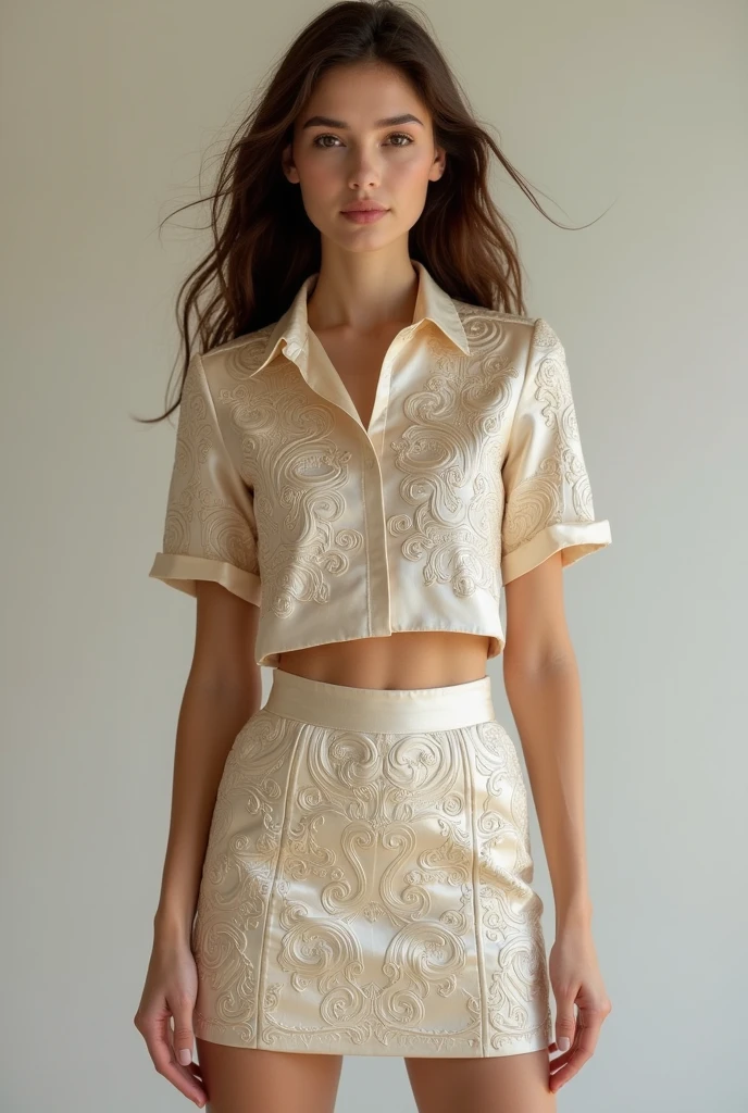 European woman model wearing a short skirt and blouse set with fabric with baroque embossed details