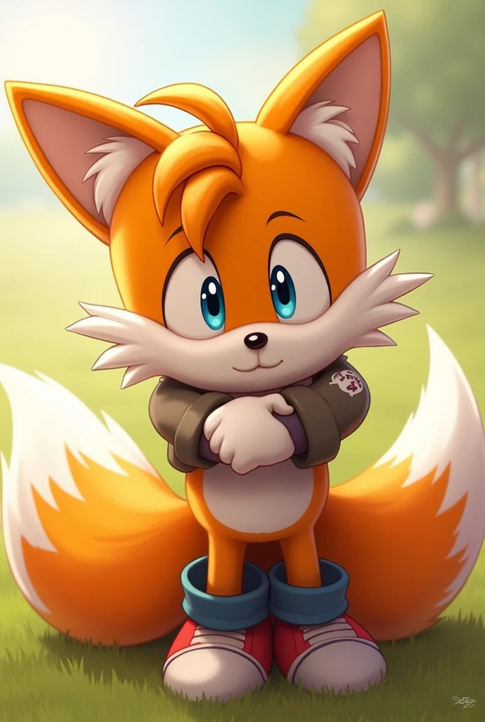 Tails hugging a kid with his shoes and gloves on 