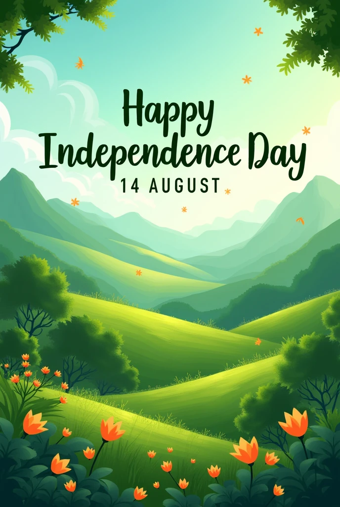Happy independence day 14 august wish from "VISION MONTESSORI & SCHOOL .green back groun with mountains