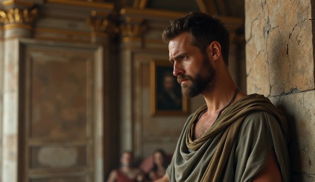 In a well-appointed Roman interior, a close-up view of a male stoic philosopher examines a tiny crack in a stone wall. He is dressed in a classic tunic in muted earthy tones—grey, brown, and olive green—with subtle shoulder openings. The crack is depicted as a small, seemingly insignificant flaw in an otherwise grand and well-maintained space. The philosopher’s expression is one of concern and contemplation, as he evaluates the potential implications of ignoring the crack. The lighting focuses on the crack and the philosopher’s face, highlighting the importance of addressing even minor issues before they escalate. The grandeur of the Roman setting provides a backdrop that contrasts with the small but significant flaw.
