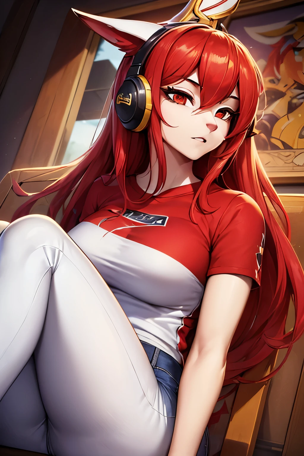 (work of art, Maximum quality, best qualityer, offcial art, beautiful and aesthetic:1.2) Uma Furry Dragão Gamer, Using a White Headset, long red hair, Red Skin, gold eyes, wearing a black sweatshirt, Red T-Shirt and Dark Blue Jeans.
