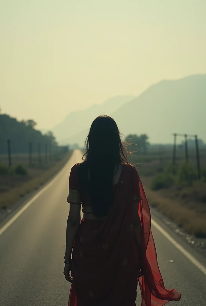 Indian wife waiting for husband on highway