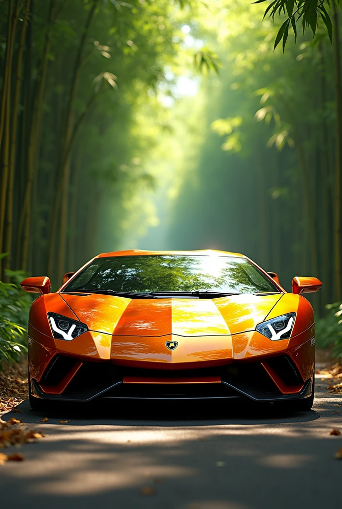A car lambo with back side a bamboo forest
