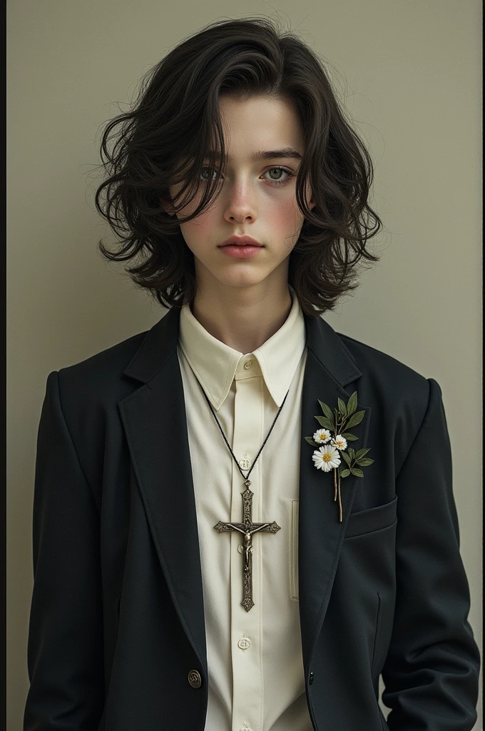 Boy long hair white shirt black jacket with crucifix