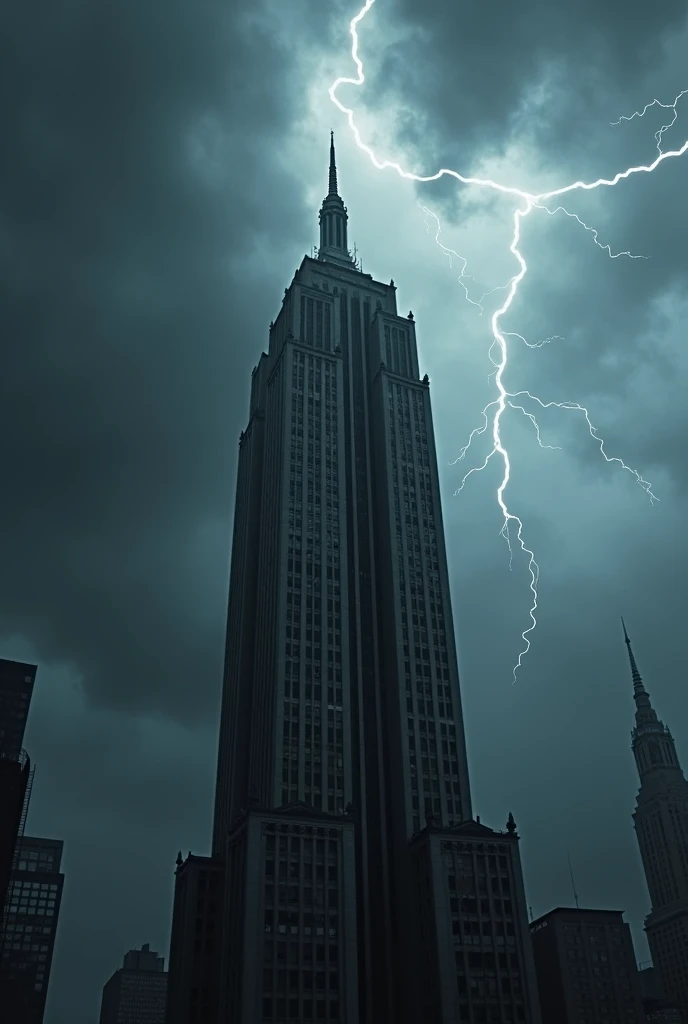 Tall building, like the Empire State Building, with a brief pause before lightning strikes