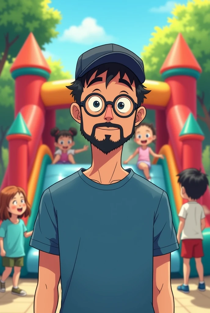 Children playing in their decent clothes on a bounce house with a slide, where everything is very safe for everyone and there is a 3 adult, that he has a beard and mustache closed on his thin face, very short hair under black cap, glasses, blue T-shirt. It looks like a 2d Japanese anime drawing. But the man looks thin, great in front as if saying these kids I will guide them to fun I am protector