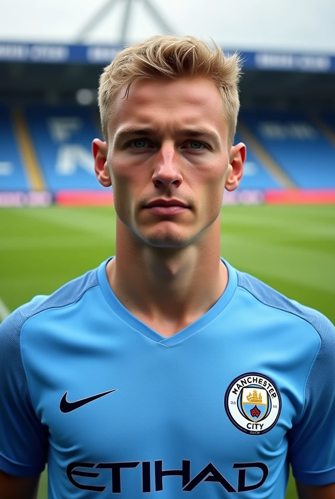 Erling haaland with short blonde hair in mancity jersey
with no Beard .young like 22 years of age.only showing face and Jersey.nose are little big and engage him in football game. Put background of football stadium . little big older
