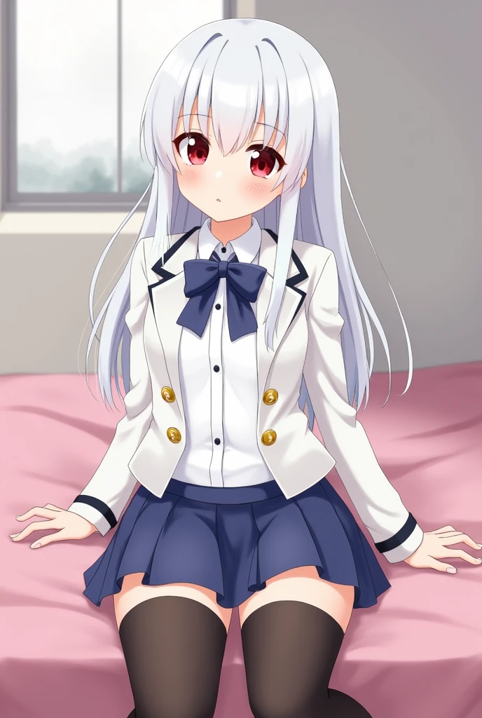 an anime girl, white skin with straight white hair down to the waist, with red eyes, in a school uniform consisting of a white shirt and on top of that a white jacket with gold fastened leaving the top two buttons undone and a blue bow tied around the collar of the shirt, black thigh high stockings ,a blue skirt, Brown shoes, with a shy smile, sitting on her bed with pink sheets ,the grey back wall and a window .